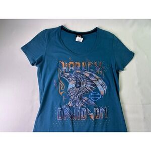 Harley‎ Davidson Womens Graphic T Shirt Eagle Wings Blue Short Sleeve Size M